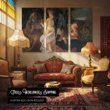 Classical Figures and Musicians by Caravaggio - multi-panel canvas displayed in a classic lounge
