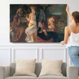 Classical Figures and Musicians by Caravaggio - single-panel canvas shown with a person for scale