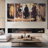 Classical Figures in a Procession by Frederic Leighton — four-panel canvas arrangement in a living room
