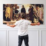 Classical Figures in a Procession by Frederic Leighton — single-panel canvas shown behind a standing person for scale
