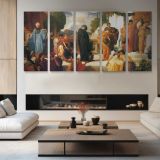 Classical Gathering in a Courtyard by Frederic Leighton — four-panel canvas arrangement in a living room