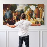 Classical Gathering in a Courtyard by Frederic Leighton — single-panel canvas shown behind a standing person for scale