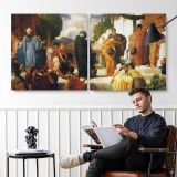 Classical Gathering in a Courtyard by Frederic Leighton — two-panel canvas arrangement in a room