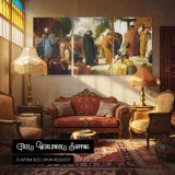 Classical Gathering in a Courtyard by Frederic Leighton — multi-panel canvas in a warmly lit lounge