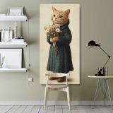 Whimsical Cat Holding a Flower Bouquet canvas wall art shown in a modern interior