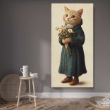Whimsical Cat Holding a Flower Bouquet canvas wall art displayed in a contemporary room