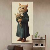 Whimsical Cat Holding a Flower Bouquet canvas wall art in a styled interior
