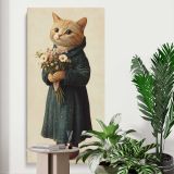 Whimsical Cat Holding a Flower Bouquet canvas print displayed in a modern interior