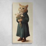 Whimsical Cat Holding a Flower Bouquet Canvas Wall Art Print