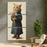 Whimsical Cat Holding a Flower Bouquet three panel canvas print in a contemporary interior