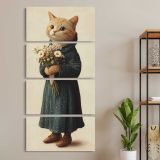 Whimsical Cat Holding a Flower Bouquet three panel canvas wall art room mockup