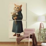 Whimsical Cat Holding a Flower Bouquet two panel canvas wall art room mockup