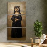 Mona Lisa Cat Portrait three panel canvas print in a contemporary interior