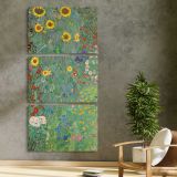 Country Garden with Sunflowers by Gustav Klimt three panel canvas print in a contemporary interior