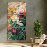 Chrysanthemums in the Garden at Petit Gennevilliers 1893 painting by Gustave Caillebotte three panel canvas print in a contemporary interior