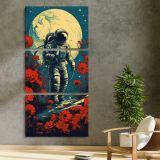 Astronaut in a Red Poppy Landscape three panel canvas print in a contemporary interior