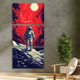 Astronaut on a Red Lunar Landscape three panel canvas print in a contemporary interior