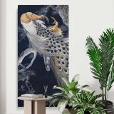 Two peacocks in a tree vintage design remix from original painting by Ohara Koson canvas print displayed in a modern interior