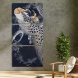 Two peacocks in a tree vintage design remix from original painting by Ohara Koson three panel canvas print in a contemporary interior