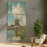 A Windmill on a Polder Waterway Known as In the Month of July c 1889 by Paul Joseph Constantin Gabriel three panel canvas print in a contemporary interior