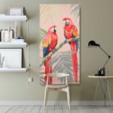 Tropical Parrots with Pink and Gold Leaves canvas wall art shown in a modern interior