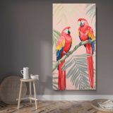 Tropical Parrots with Pink and Gold Leaves canvas wall art displayed in a contemporary room