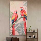 Tropical Parrots with Pink and Gold Leaves canvas wall art in a styled interior