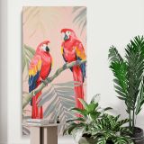 Tropical Parrots with Pink and Gold Leaves canvas print displayed in a modern interior
