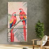 Tropical Parrots with Pink and Gold Leaves three panel canvas print in a contemporary interior