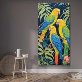 Tropical Parrots in a Jungle canvas wall art displayed in a contemporary room