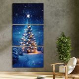Glowing Christmas Tree in Snow three panel canvas print in a contemporary interior