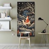 Santa Riding a Reindeer Through a Winter Forest canvas wall art shown in a modern interior