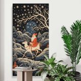 Santa Riding a Reindeer Through a Winter Forest canvas print displayed in a modern interior