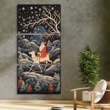 Santa Riding a Reindeer Through a Winter Forest three panel canvas print in a contemporary interior