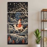Santa Riding a Reindeer Through a Winter Forest three panel canvas wall art room mockup