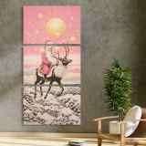 Pink Winter Reindeer three panel canvas print in a contemporary interior