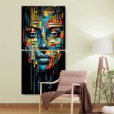 Colourful African Woman Abstract Portrait two panel canvas wall art room mockup