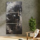 Black Horse in Storm Clouds three panel canvas print in a contemporary interior