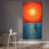 Sailboat at an Orange Sunset canvas wall art displayed in a contemporary room
