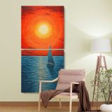 Sailboat at an Orange Sunset two panel canvas wall art room mockup