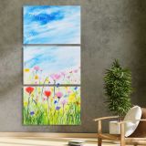 Spring Wildflower Meadow three panel canvas print in a contemporary interior