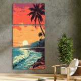 Tropical Beach Sunset three panel canvas print in a contemporary interior