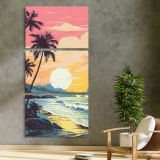 Retro Tropical Beach Sunset three panel canvas print in a contemporary interior