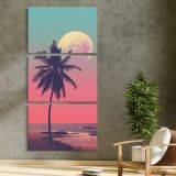 Pink Moon Palm Tree Silhouette three panel canvas print in a contemporary interior