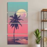 Pink Moon Palm Tree Silhouette three panel canvas wall art room mockup