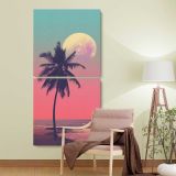 Pink Moon Palm Tree Silhouette two panel canvas wall art room mockup
