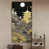Golden Japanese Temple by Moonlight canvas wall art in a styled interior