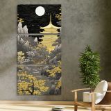 Golden Japanese Temple by Moonlight three panel canvas print in a contemporary interior