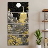 Golden Japanese Temple by Moonlight three panel canvas wall art room mockup