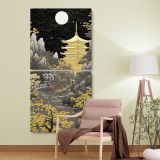 Golden Japanese Temple by Moonlight two panel canvas wall art room mockup